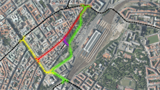 Ti varianty vedení trasy tramvají, které by spojily Vinohradskou ulici s...