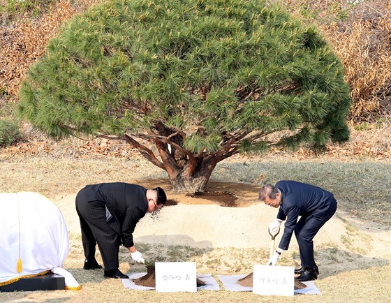 Jihokorejský prezident Mun e-in a severokorejský vdce Kim ong-un v hraniní...