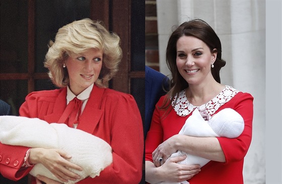 Princezna Diana v roce 1984 a vévodkyně Kate v roce 2018 při odchodu z porodnice