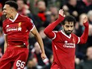 Liverpoolský útoník Mohamed Salah (vpravo) práv vstelil gól v semifinále...