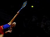Tenistka Karolína Plíšková podává během semifinále Fed Cupu proti Německu.