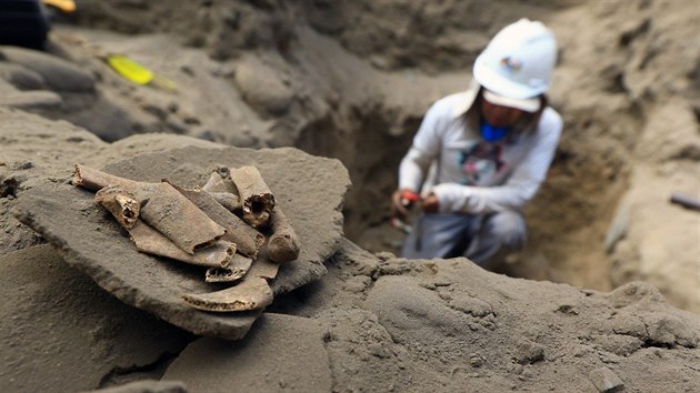 Vykopvky u perunskho msta Huanchaco, kde archeologov nali patrn nejvt rituln msto dtskch obt (21. bezna 2018)