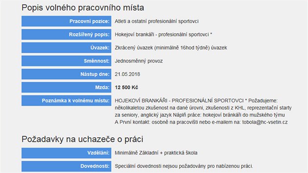 Pracovn nabdka vsetnskho adu prce na pozici hokejovho glmana.