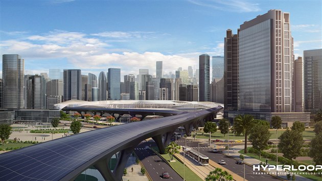 Vizualizace projektu Hyperloop Transportation Technologies v Spojench arabskch emirtech.