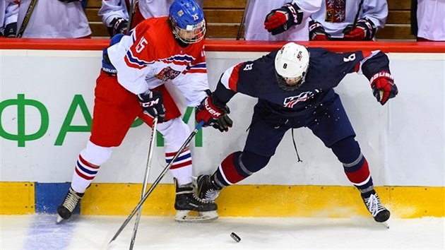 esk hokejista Karel Plek v souboji s Gavinem Hainem z USA.