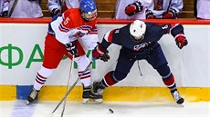 eský hokejista Karel Pláek v souboji s Gavinem Hainem z USA.