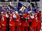 Čeští hokejisté slaví vítězství v utkání se Slovenskem.