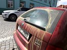 Vrstvy lutého pylu na zaparkovaném aut v Humpolci (2. kvtna 2018)