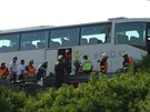 Na dálnici D5 se srazil autobus s náklaákem a kamionem. (4. kvtna 2018)