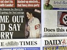 Princ Harry na titulních stránkách britských novin po skandálu s hákovým kíem...