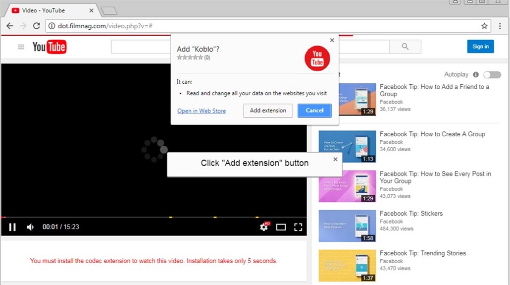 Ukázka viru FacexWorm, který se chce instalovat jako roz�í�ení do prohlí�e�e...