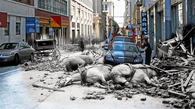 Digitální úprava fotek kombinuje snímky San Francisca po zemětřesení v roce 1906 s podobou města v roce 2010.