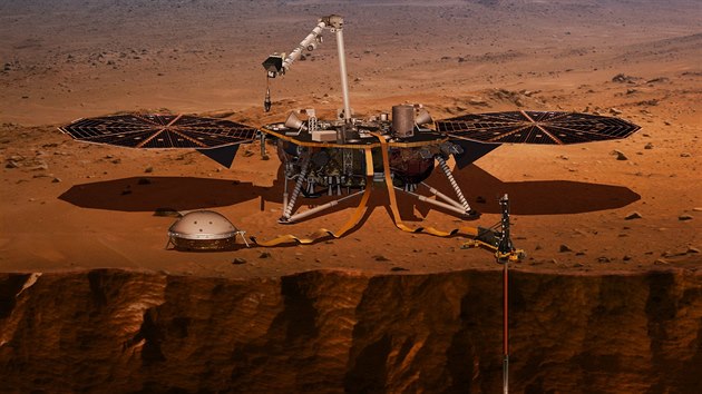 Ilustrace ukazuje vrty sondy InSight na Marsu.