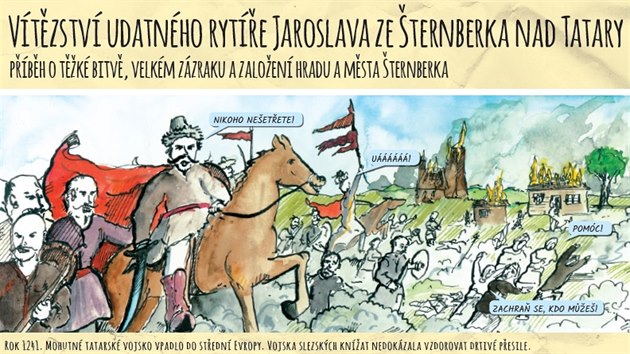 Ukázka z komiksu, který shrnuje nejdůležitější události více než sedmisetleté historie města Šternberk. Vydala ho tamní radnice.