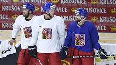 Trénink eské hokejové reprezentace na mistrovství svta v Kodani. Zleva Radko...