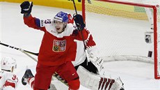 Gól. eský hokejista Dmitrij Jakin (v erveném) slaví trefu svého spoluhráe...