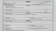 Rodný list prince Louise (Londýn, 1. května 2018)