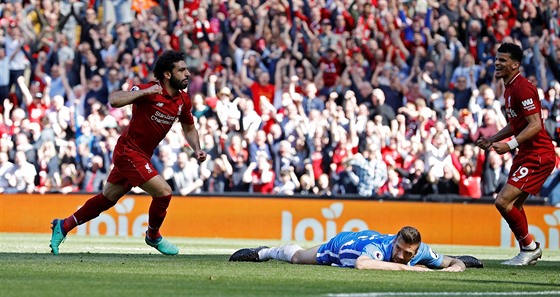 Mohamed Salah (Liverpool) slaví vedoucí gól proti Brightonu.