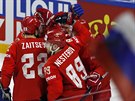 Rutí hokejisté slaví na mistrovství svta gól proti Slovensku