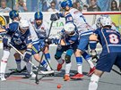 Momentka z hokejbalového duelu Pardubice (bílomodrá) vs. Ústí nad Labem