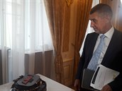 f ANO a premir v demisi Andrej Babi s dortem k estm narozeninm jeho hnut