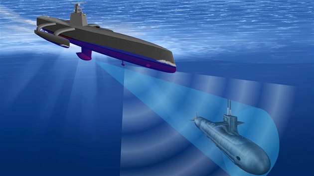 Ilustrace námořního dronu Sea Hunter v akci