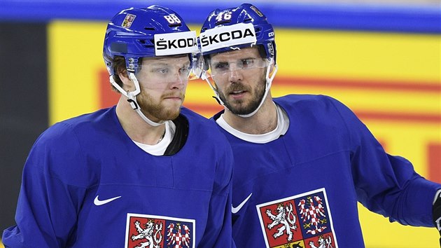 David Pastrk (vlevo) a David Krej pi trninku esk hokejov reprezentace.