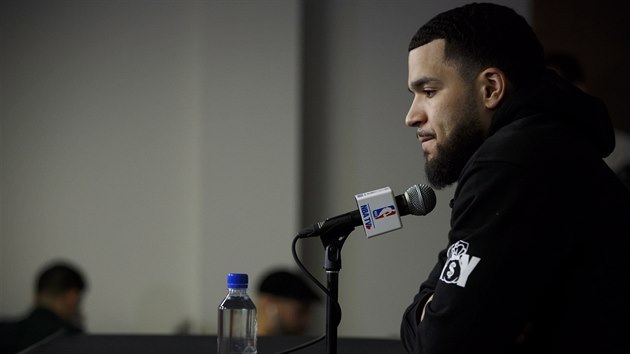 Fred VanVleet na tiskov konferenci k zvru sezony Toronto Raptors