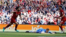 Mohamed Salah (Liverpool) slaví vedoucí gól proti Brightonu.