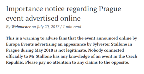 Sylvester Stallone na svch strnkch popel, e by s nm firma Europa Events o...