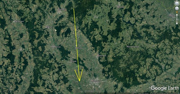 Trasa atmosférické dráhy bolidu, který 23. kvtna 2018 proletl nad Olomouckým...