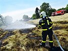 Hasii likvidují poár suché trávy v Rychvaldu na Karvinsku. (28. kvtna 2018)