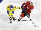 Švédský útočník Mattias Janmark se snaží obrat o puk švýcarského hokejistu Reta...