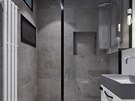 Druhá koupelna má edou dlabu a obklad imitující beton v kombinaci s bílou...