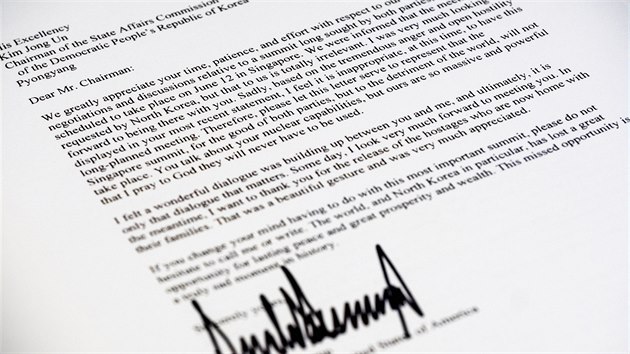 Trumpův dopis Kim Čong-unovi, kterým americký prezident oznámil zrušení společného summitu (24. května 2018)