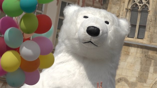 Na Staroměstském náměstí vystupují lidé v kostýmech medvědů. (31.5.2018)