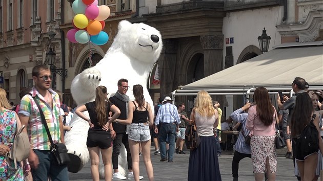Na Staroměstském náměstí vystupují lidé v kostýmech medvědů. (31.5.2018)