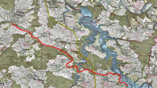 Trať z Trhového Štěpánova do Dolních Kralovic zakreslená do současné mapy.