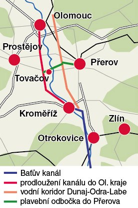 Mapa zobrazující zvaované prodlouení Baova kanálu do Olomouckého kraje.