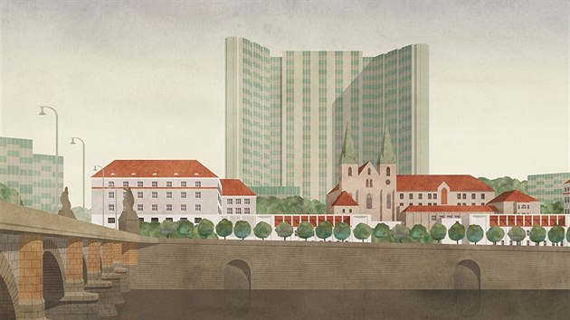 Z knihy Pražské vize (pohled na Palackého náměstí a Albertov ze smíchovského nábřeží)