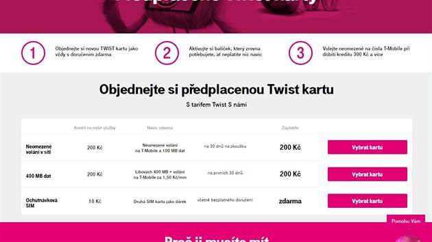 T-Mobile na webu v sekci vnovan Twist kart neuvdl sazby tovan za minutov hovor a odeslanou SMS.