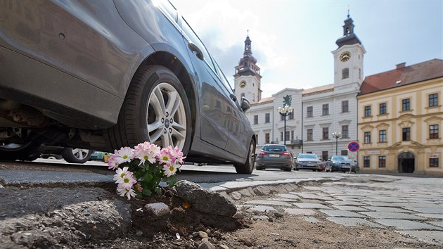 Květiny zasazené v dírách na parkovišti na Velkém náměstí v Hradci Králové (4. 6. 2018).