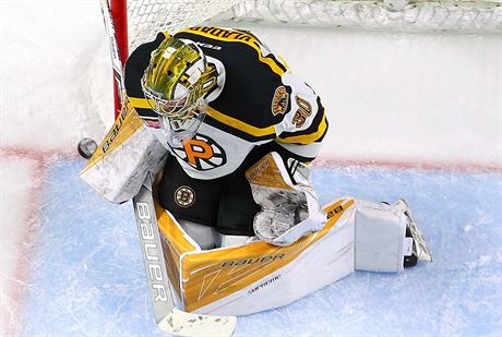eský gólman chytá puk v AHL v týmu Providence Bruins.
