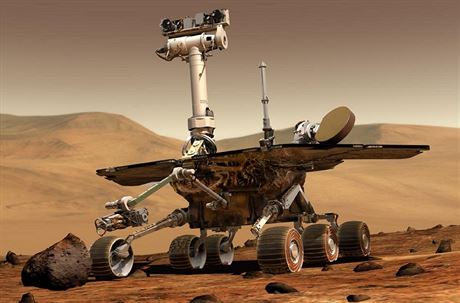 Marsovské vozítko Opportunity na rudé planet podle pedstav ilustrátora