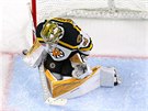 Český gólman chytá puk v AHL v týmu Providence Bruins.