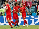 Radost belgických fotbalist ze vsteleného gólu v utkání mistrovství svta...
