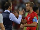 DÍKY, HARRY. Anglický trenér Gareth Southgate dkuje Harrymu Kaneovi, který...