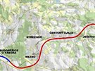 Červeně je vyznačeno, kudy povede zmodernizovaná trať mezi Sudoměřicemi u...