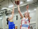 Kapitánka eských basketbalistek Kateina Elhotová (vpravo) zakonuje na...