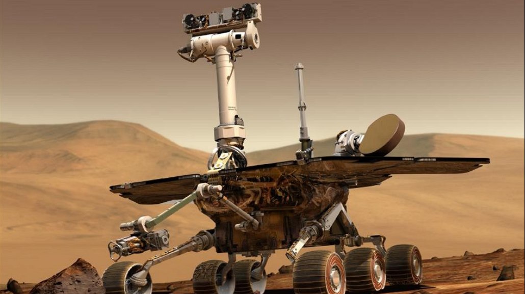 Marsovské vozítko Opportunity na rudé planetě podle představ ilustrátora